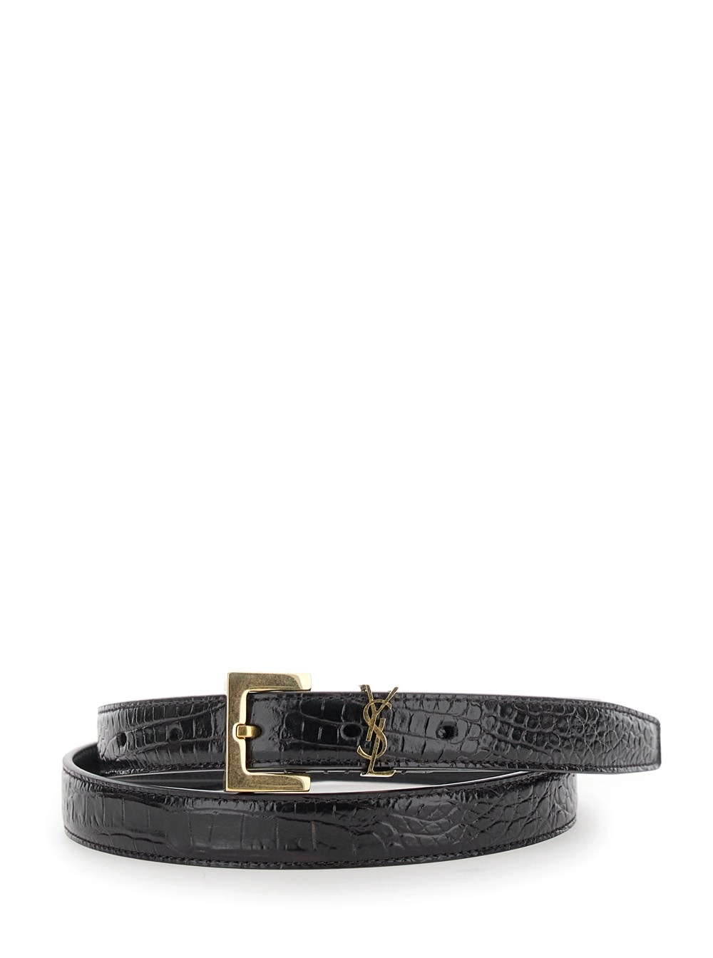 Saint Laurent Cintura Sottile con Dettaglio Cassandre in Pelle Stampa Cocco Nera Donna