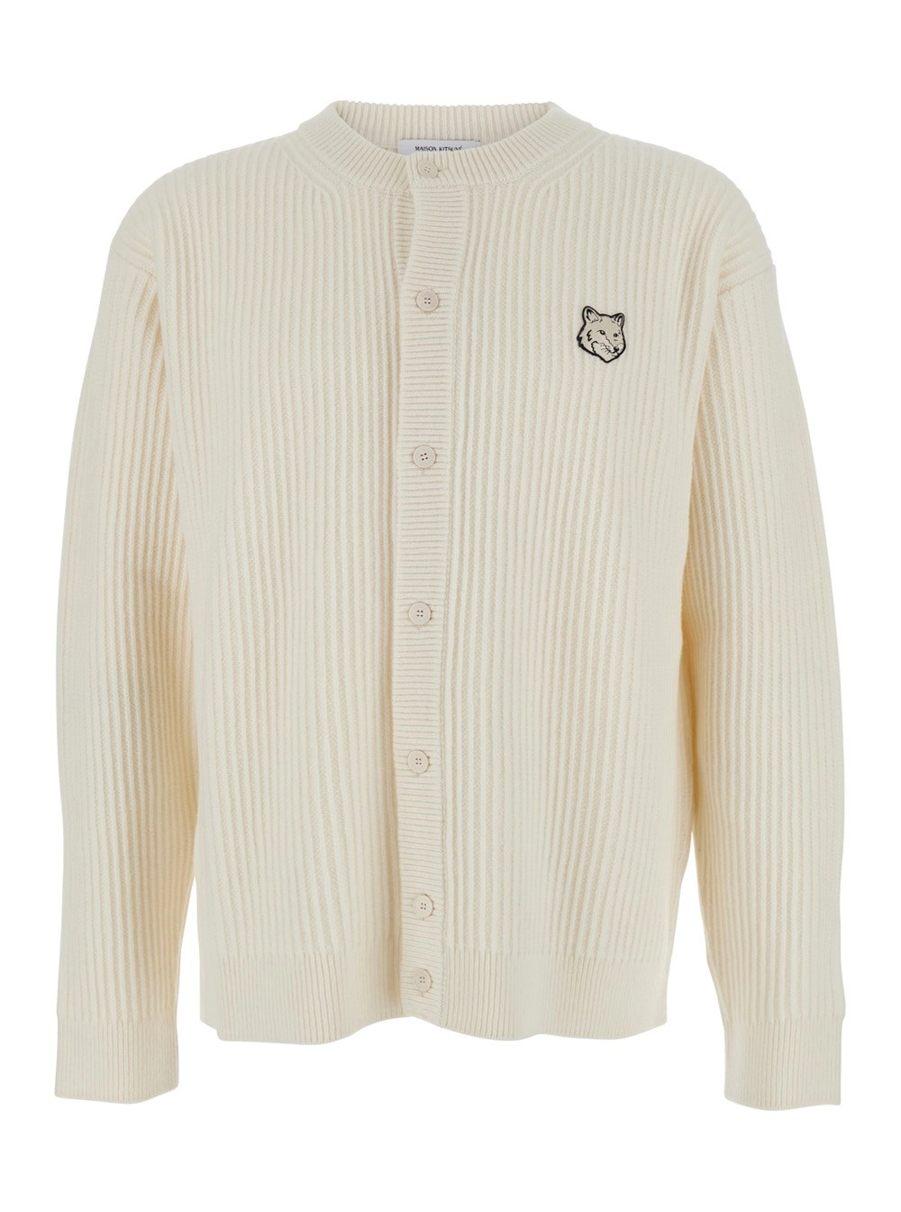 Maison kitsuné Cardigan Girocollo con Ricamo Logo sul Fronte e Lavorazione a Coste in Lana Beige Uomo