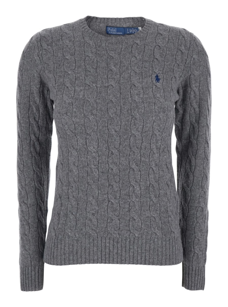 Polo Ralph Lauren Maglione Girocollo con Ricamo Cavallino sul Fronte e Lavorazione a Treccia in lana e cashmere grigio Donna