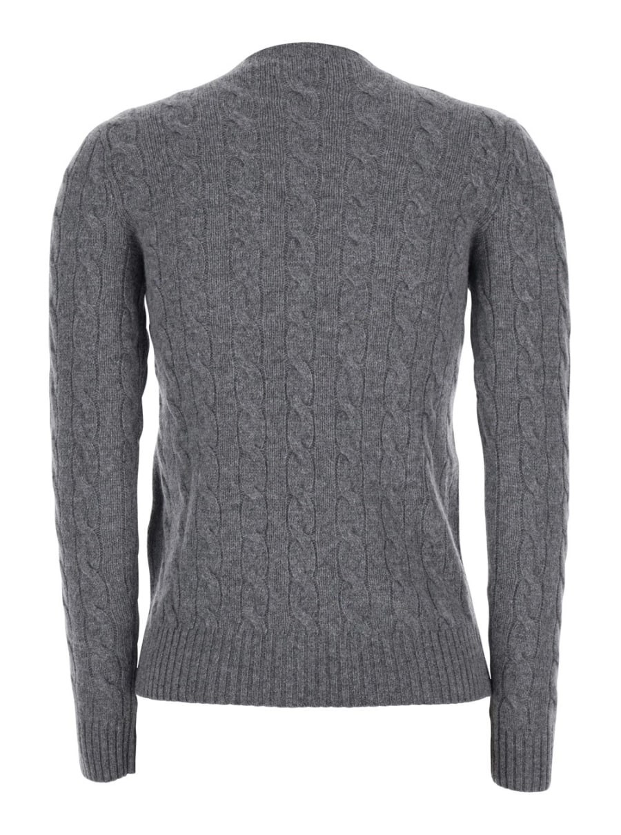 Polo Ralph Lauren Maglione Girocollo con Ricamo Cavallino sul Fronte e Lavorazione a Treccia in lana e cashmere grigio Donna, view 2
