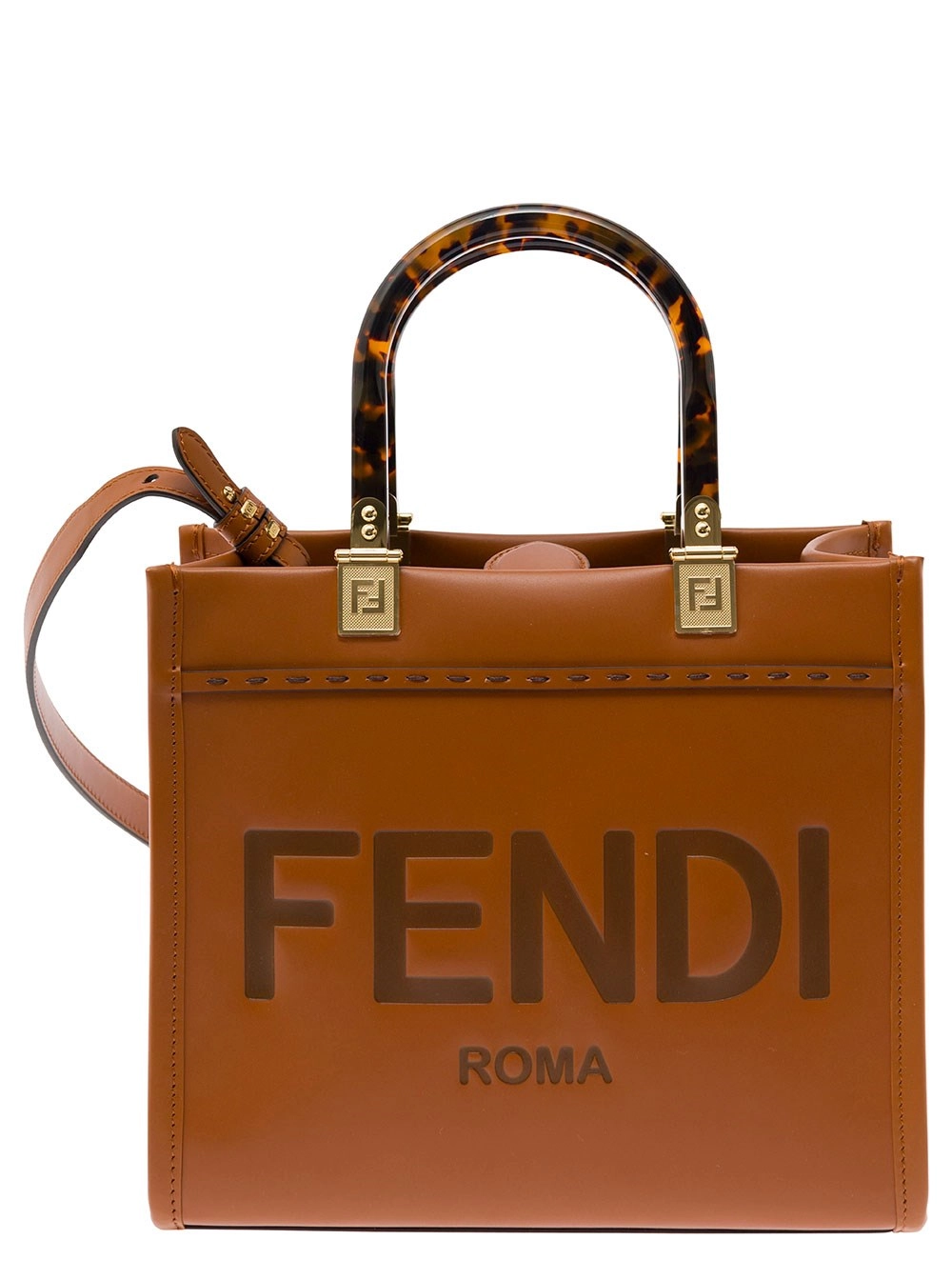 Fendi Borsa Tote 'Sunshine Piccola' con Logo Impresso e Manico Effetto Tartaruga in Pelle Marrone Donna