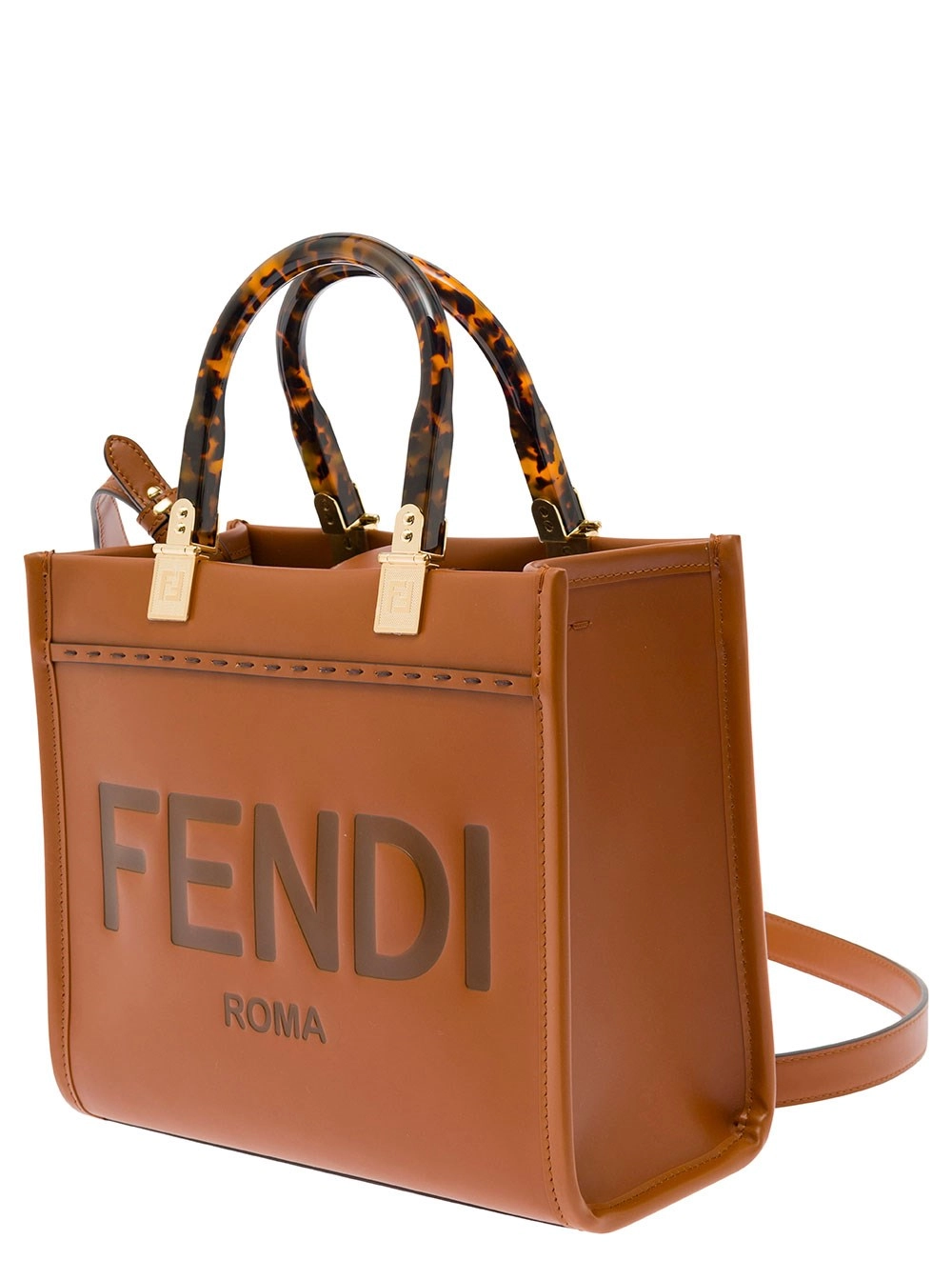 Fendi Borsa Tote 'Sunshine Piccola' con Logo Impresso e Manico Effetto Tartaruga in Pelle Marrone Donna, view 2