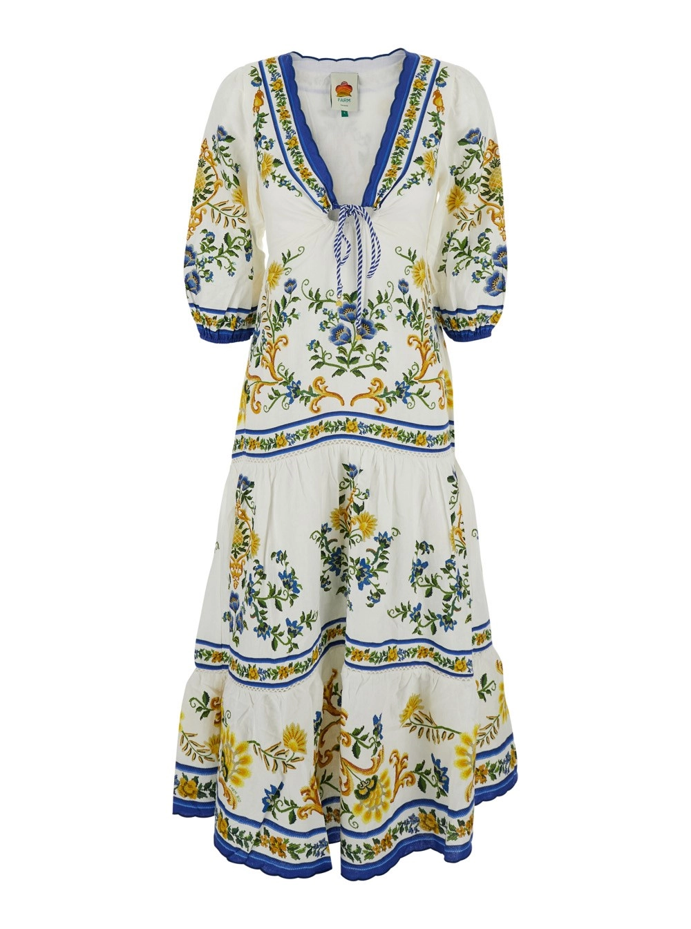 Farm rio Abito Lungo 'Emily' con Scollo a V e Motivo Floreale All-Over in Cotone Multicolor Donna