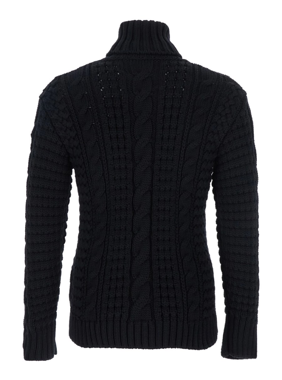 Moncler genius Maglione Dolcevita con Lavorazione a Trecce e Patch Logo sulla Manica in Lana Merino Nero Donna, view 2
