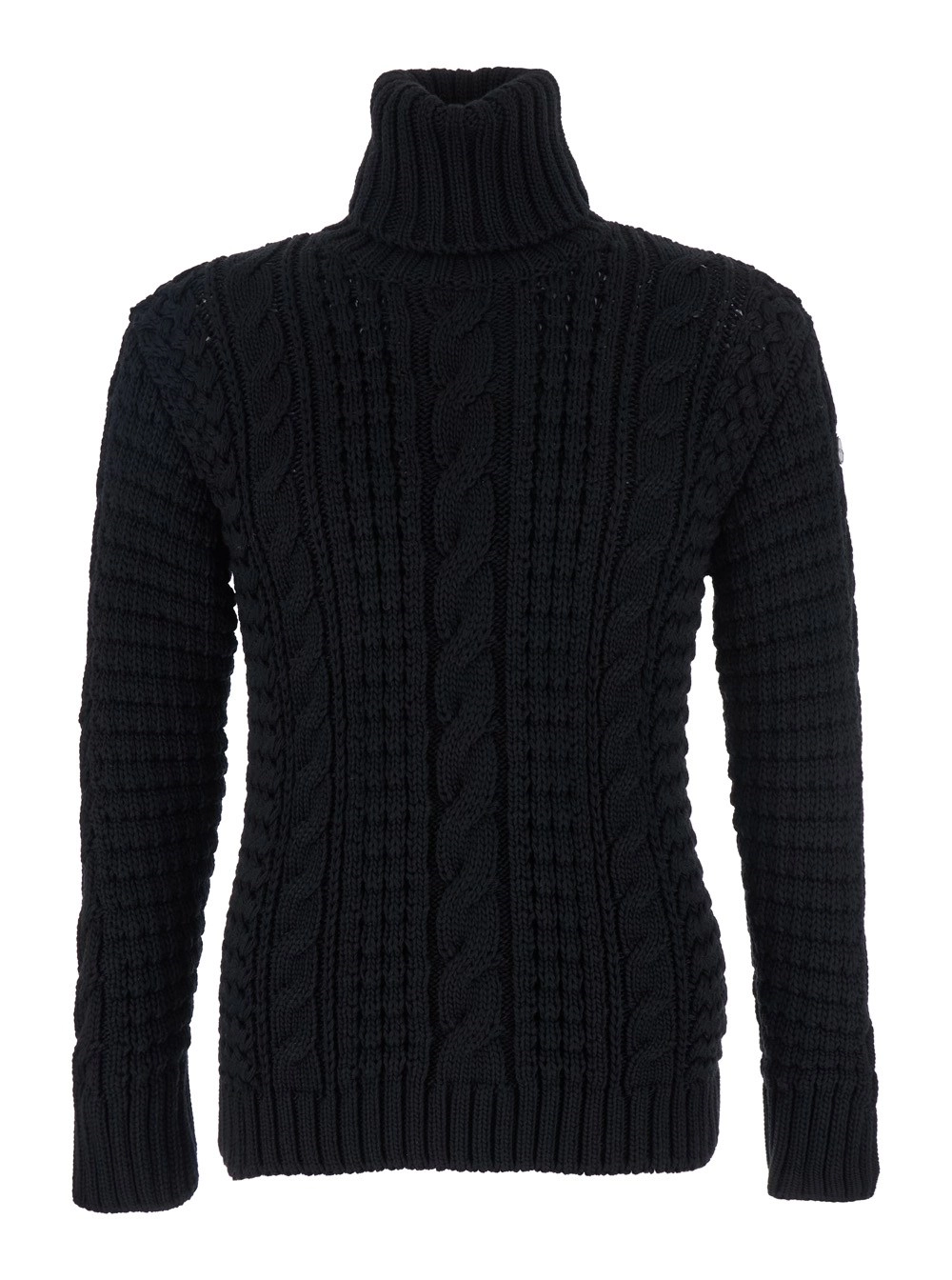 Moncler genius Maglione Dolcevita con Lavorazione a Trecce e Patch Logo sulla Manica in Lana Merino Nero Donna