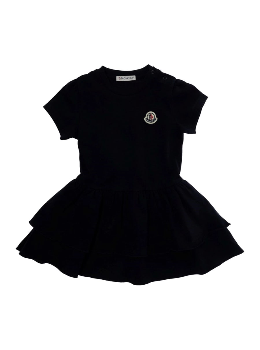 Moncler kids Abito Girocollo ocn Patch Logo sul Fronte e Gonna Ampia in Cotone Stretch Blu Baby