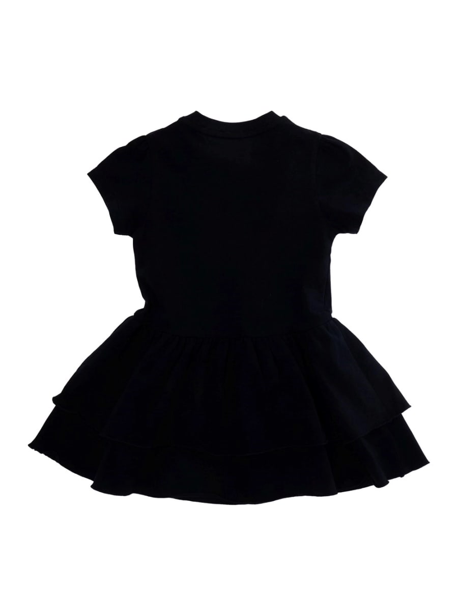 Moncler kids Abito Girocollo ocn Patch Logo sul Fronte e Gonna Ampia in Cotone Stretch Blu Baby, view 2