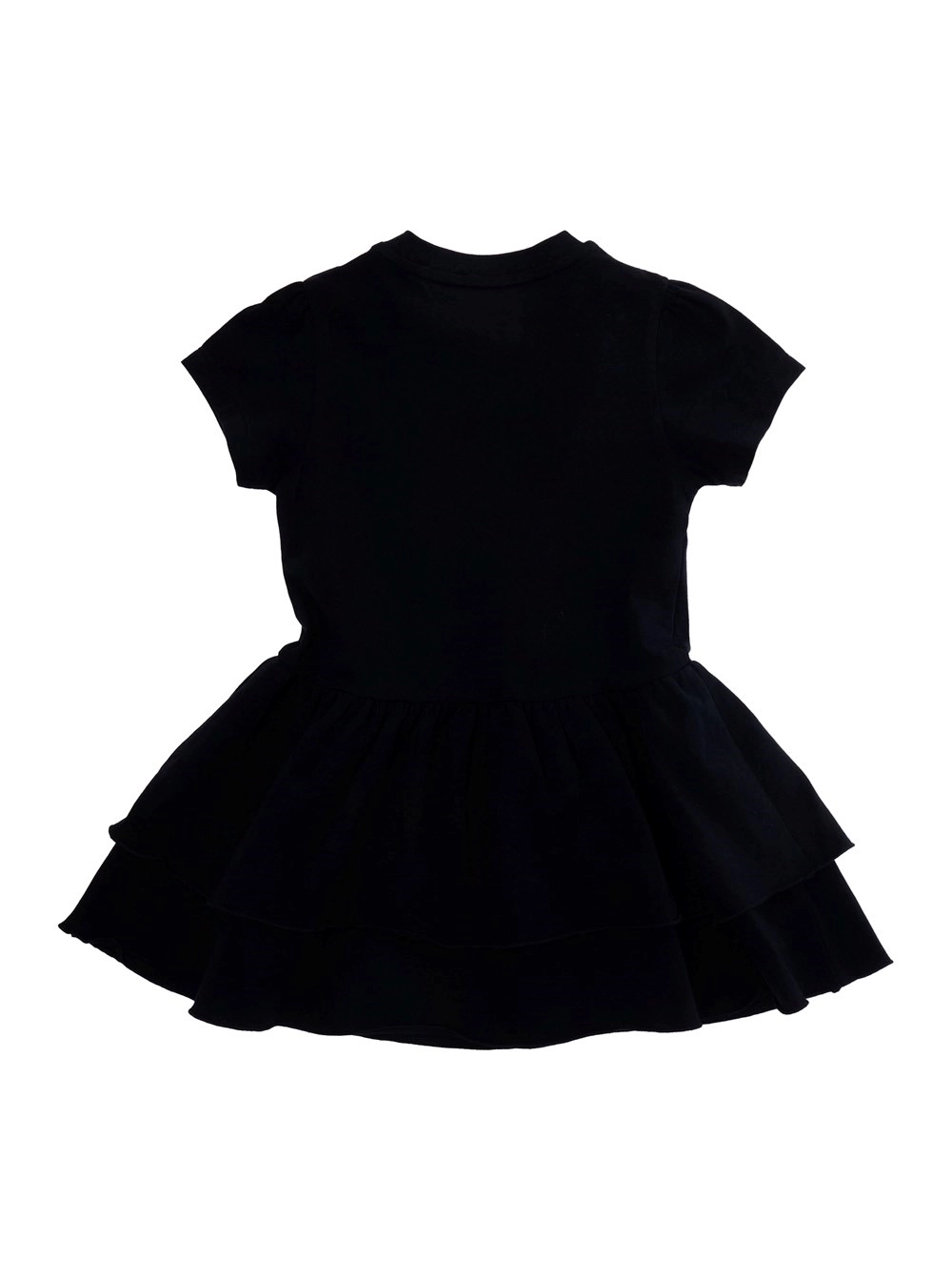Moncler kids Abito Girocollo ocn Patch Logo sul Fronte e Gonna Ampia in Cotone Stretch Blu Baby, view 2