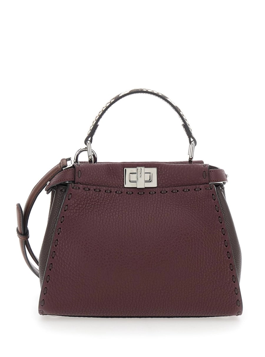 Fendi Borsa a Mano 'Peekaboo' con Manico Pitonato e Chiusura a Girello su Entrambi i Lati in Pelle Martellata Bordeaux Donna
