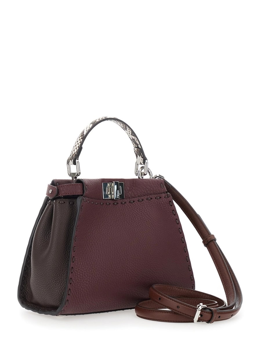 Fendi Borsa a Mano 'Peekaboo' con Manico Pitonato e Chiusura a Girello su Entrambi i Lati in Pelle Martellata Bordeaux Donna, view 3