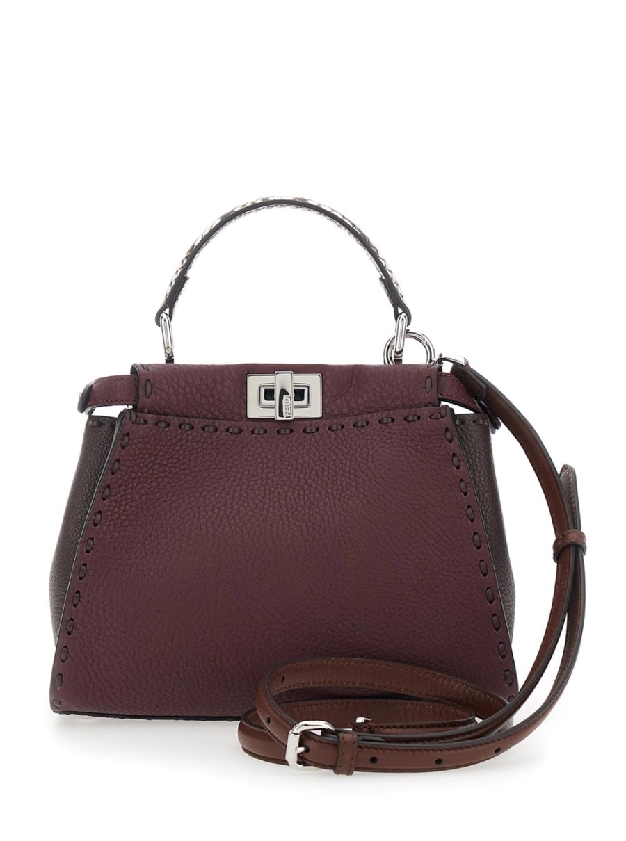 Fendi Borsa a Mano 'Peekaboo' con Manico Pitonato e Chiusura a Girello su Entrambi i Lati in Pelle Martellata Bordeaux Donna, view 4