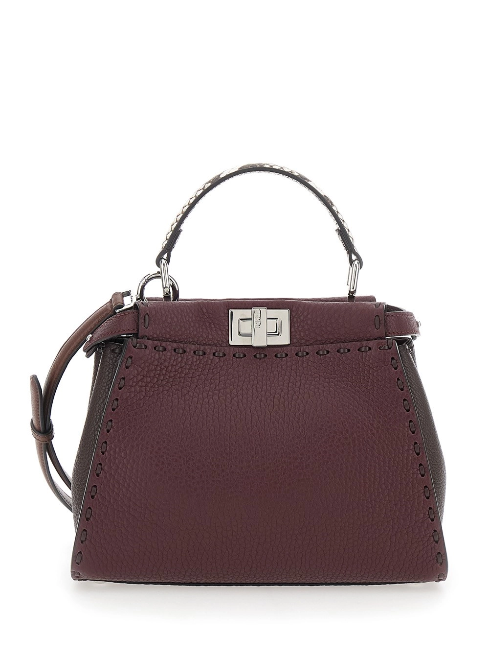 Fendi Borsa a Mano 'Peekaboo' con Manico Pitonato e Chiusura a Girello su Entrambi i Lati in Pelle Martellata Bordeaux Donna