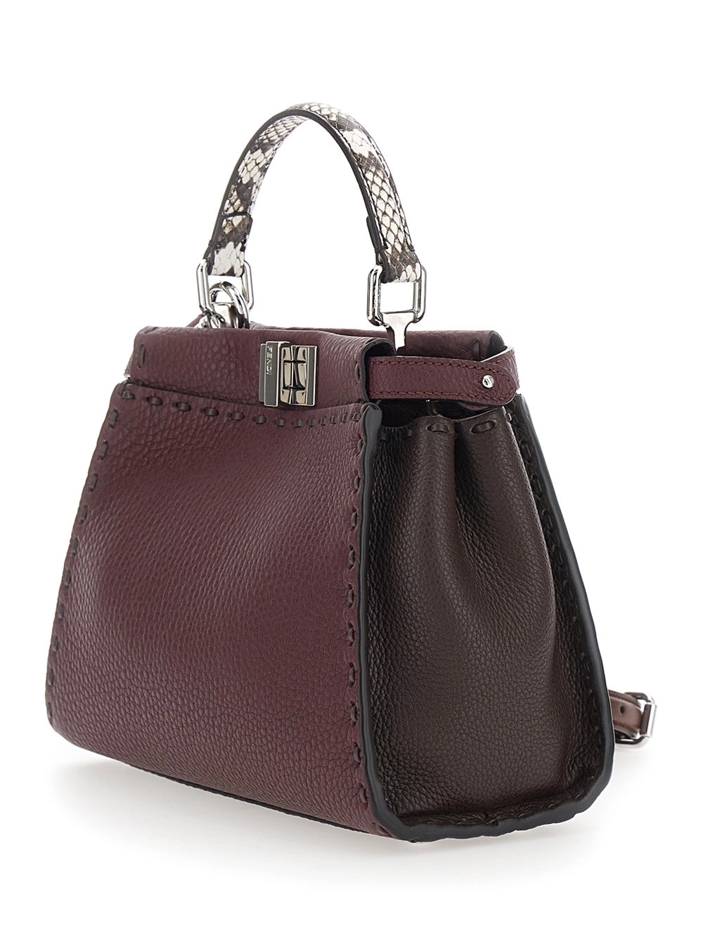 Fendi Borsa a Mano 'Peekaboo' con Manico Pitonato e Chiusura a Girello su Entrambi i Lati in Pelle Martellata Bordeaux Donna, view 2