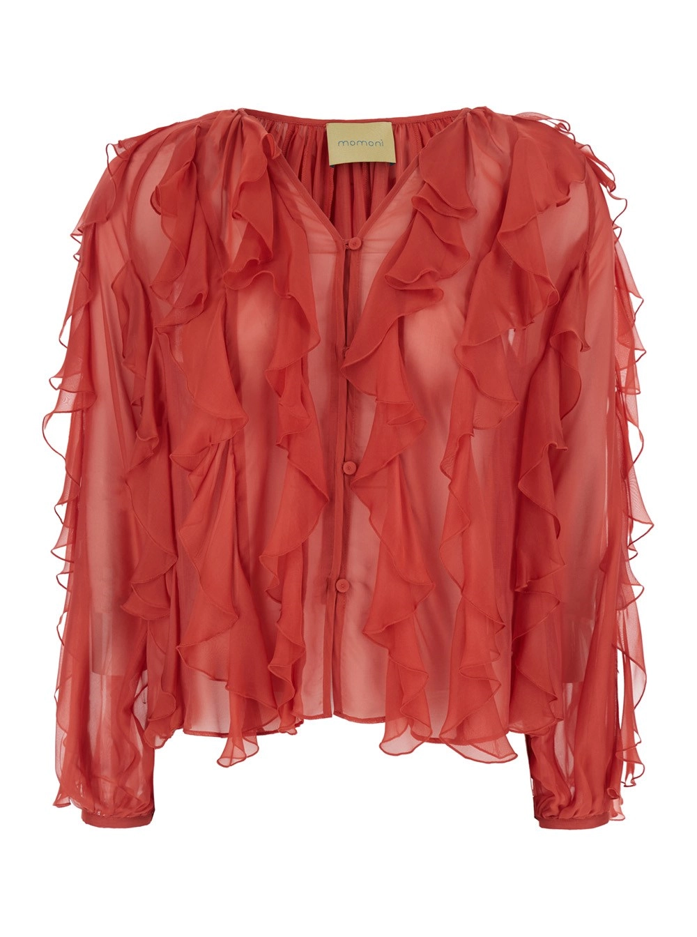 Momonì Blusa 'Canela' con Scollo a V e Design con Ruches in Viscosa e Seta Rossa Donna