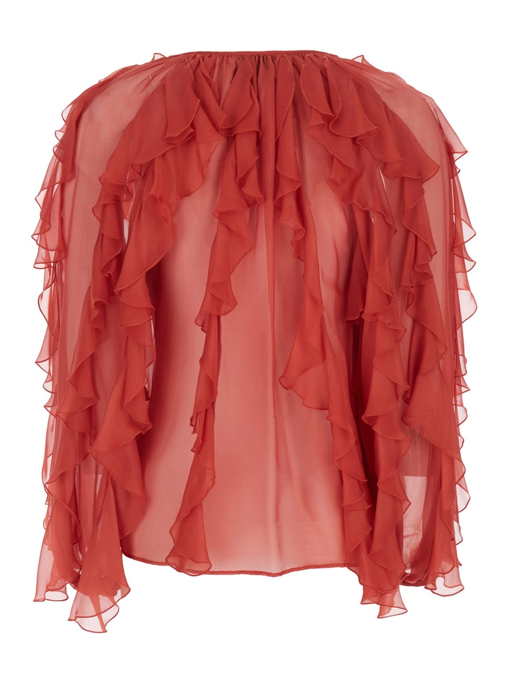 Momonì Blusa 'Canela' con Scollo a V e Design con Ruches in Viscosa e Seta Rossa Donna, view 2