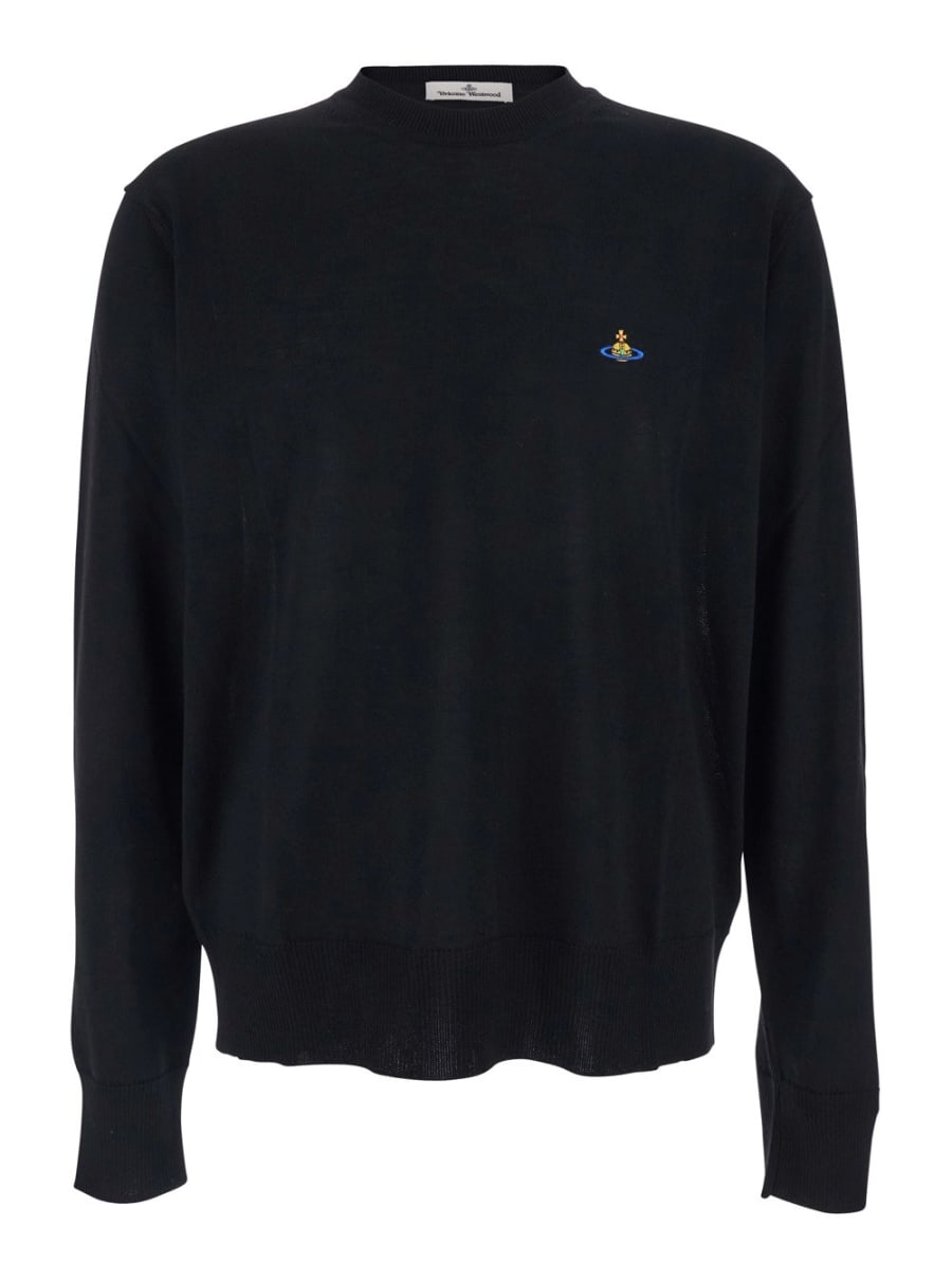 Vivienne Westwood Maglia Girocollo con Logo Orb Ricamato sul Fronte in Misto Lana Nera Uomo