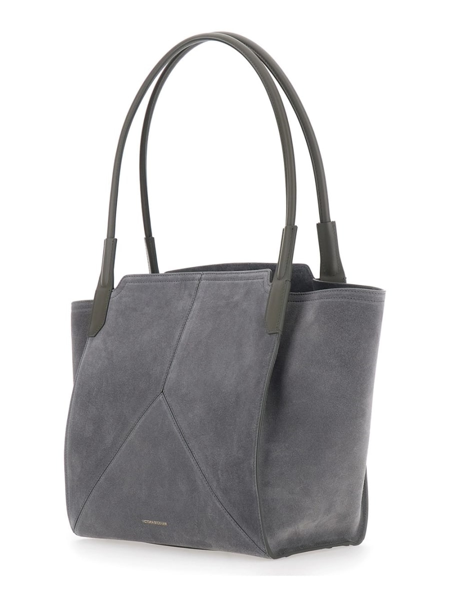 Victoria Beckham Borsa a Mano 'Victoria Piccola' con Logo Lettering Impresso sul Fronte in Suede Grigia Donna, view 2