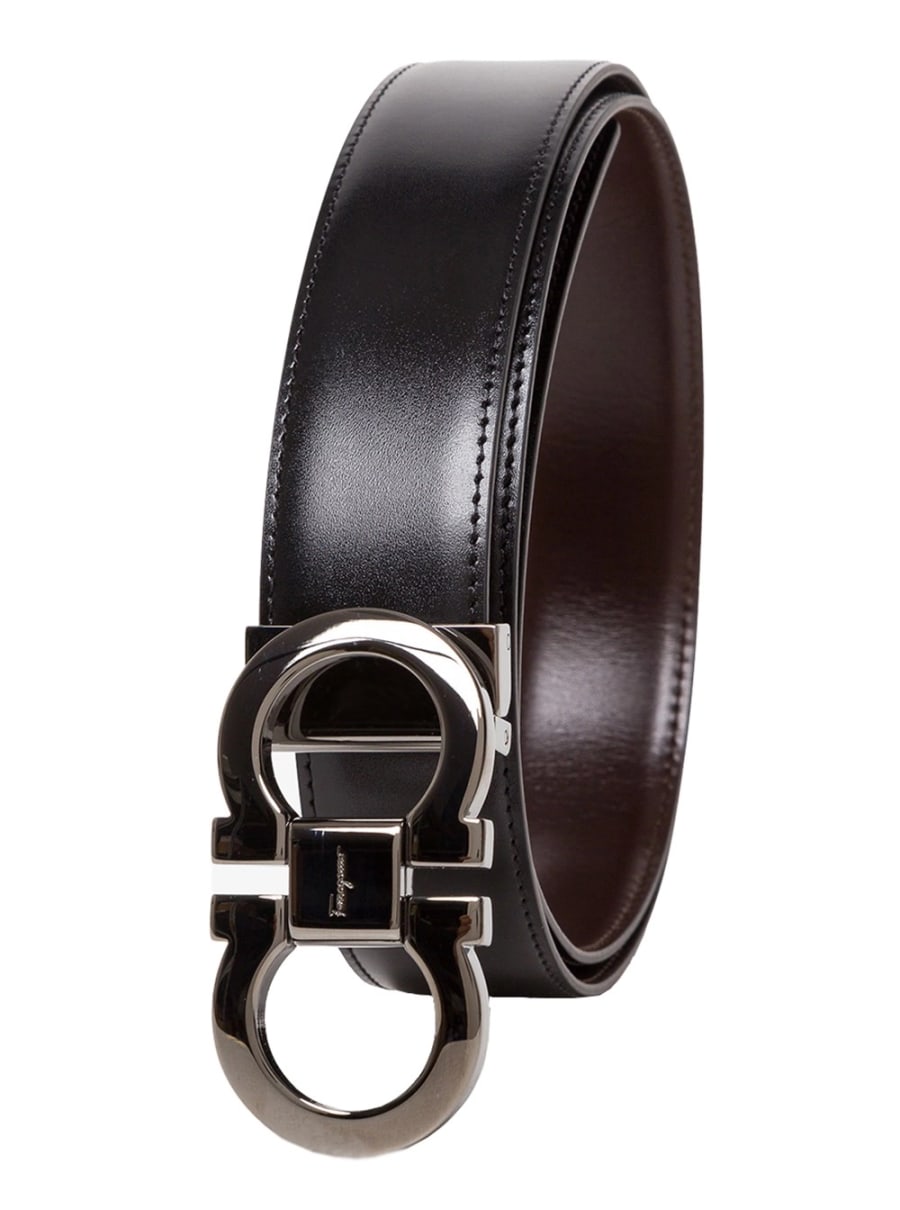 Ferragamo Cintura Reversibile con Fibbia Gancini sul Fronte in Pelle Nera Uomo, view 3