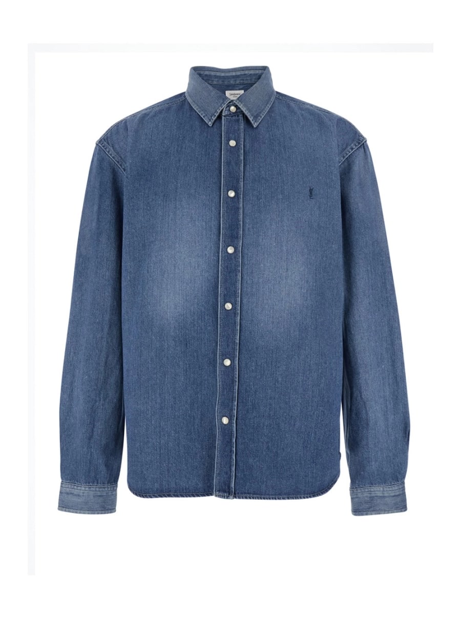 Saint Laurent Camicia a Maniche Lunghe con Logo Frontale in Denim Blu Uomo