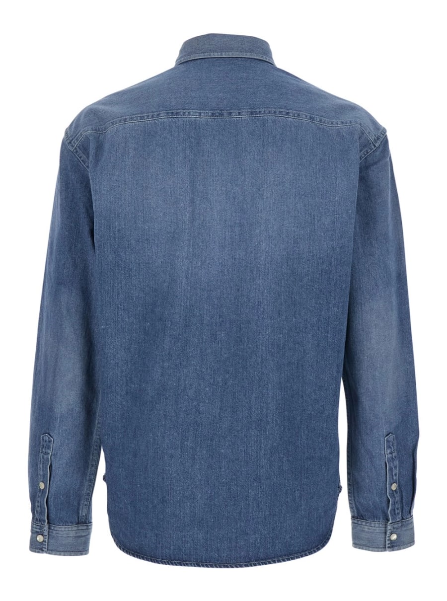 Saint Laurent Camicia a Maniche Lunghe con Logo Frontale in Denim Blu Uomo, view 2