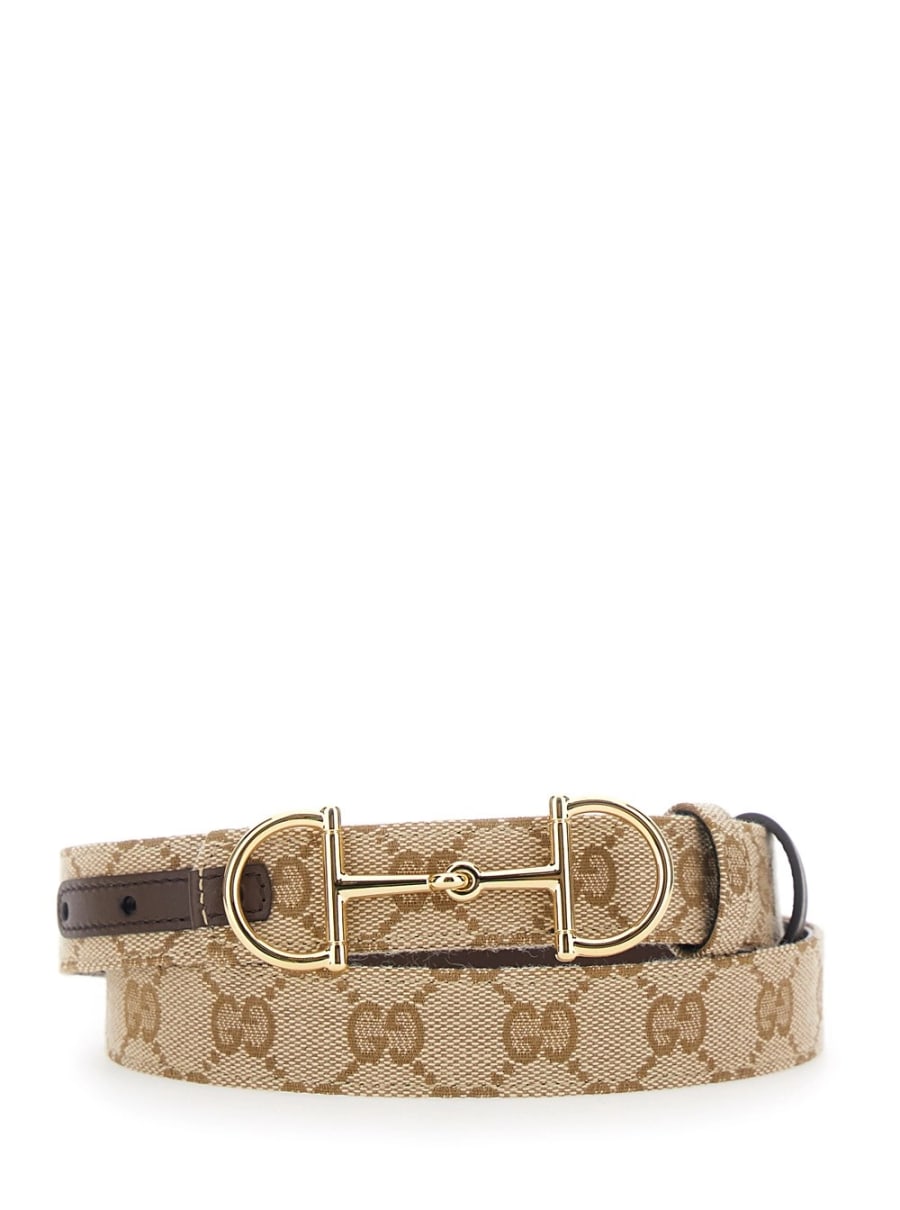 Gucci Cintura Reversibile con Fibbia Morsetto in Pelle e Tela GG Supreme Marrone Donna