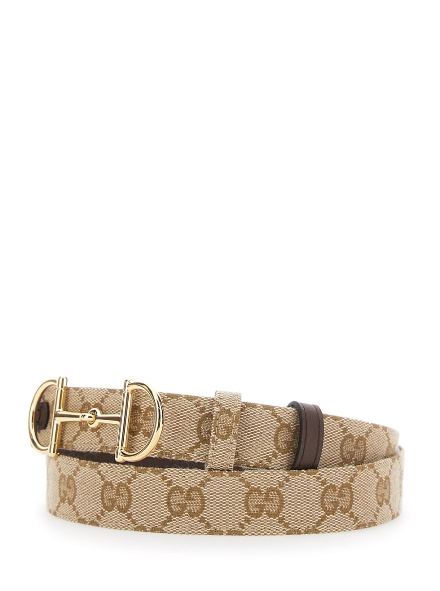 Gucci Cintura Reversibile con Fibbia Morsetto in Pelle e Tela GG Supreme Marrone Donna, view 2
