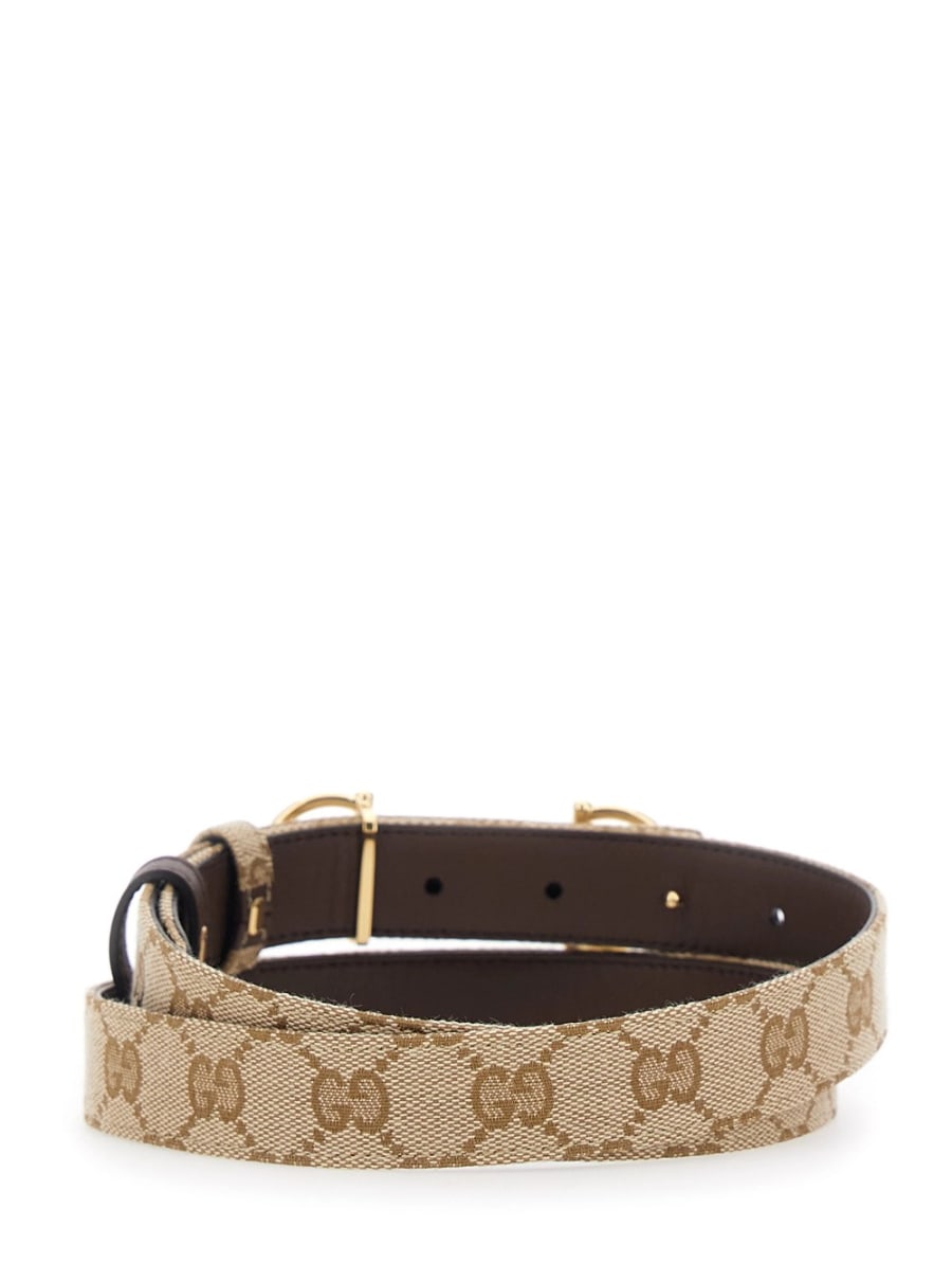 Gucci Cintura Reversibile con Fibbia Morsetto in Pelle e Tela GG Supreme Marrone Donna, view 3