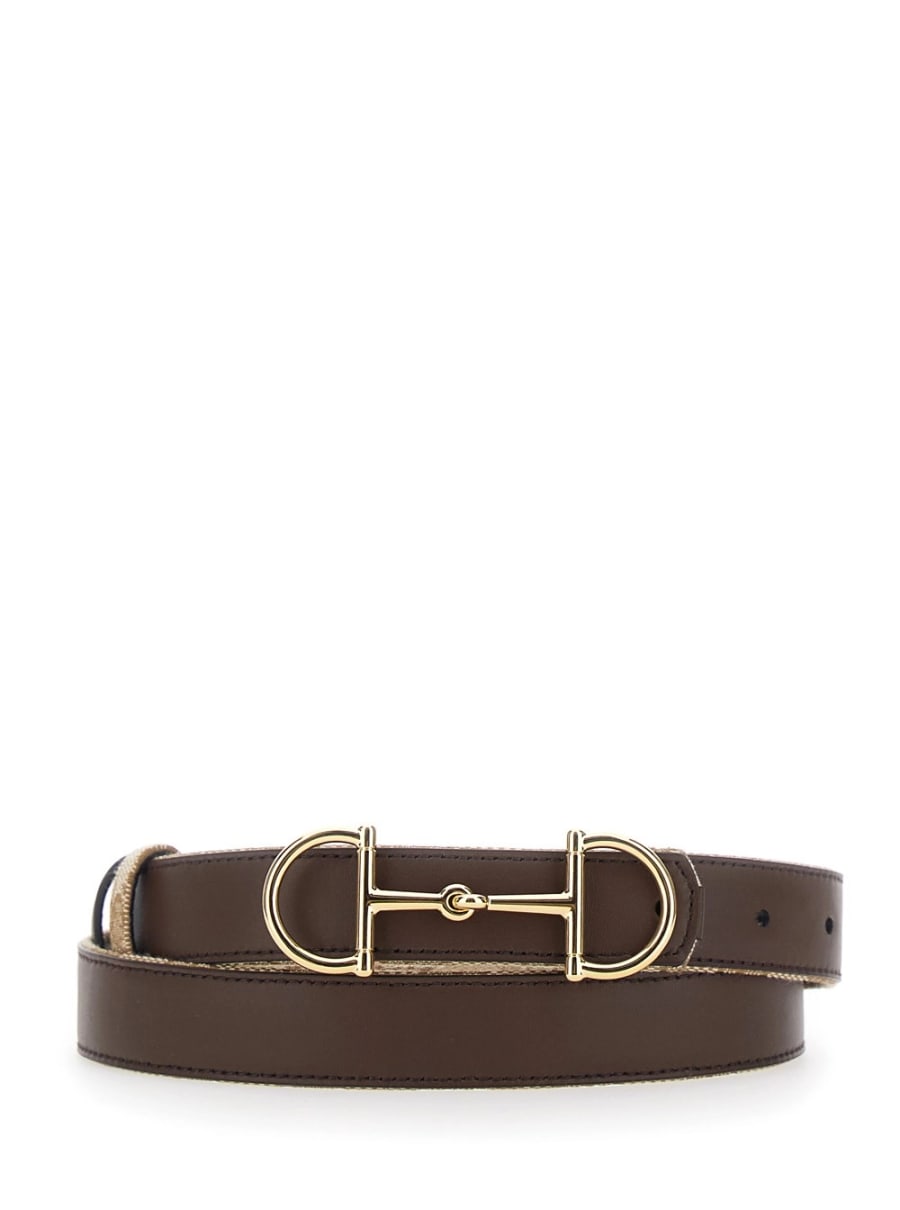 Gucci Cintura Reversibile con Fibbia Morsetto in Pelle e Tela GG Supreme Marrone Donna, view 4
