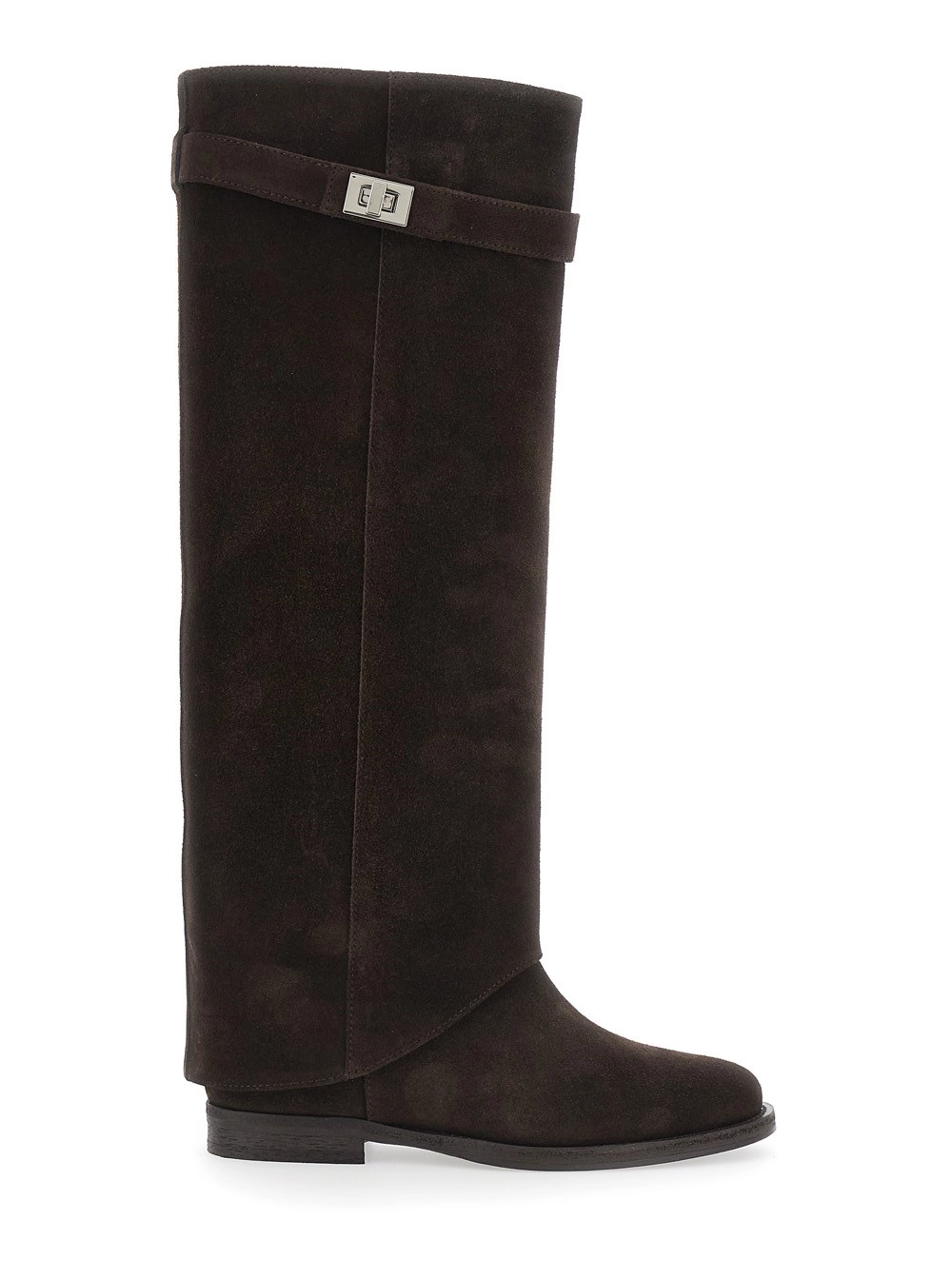 Via roma 15 Stivale con risvolto e dettaglio lucchetto in suede marrone donna