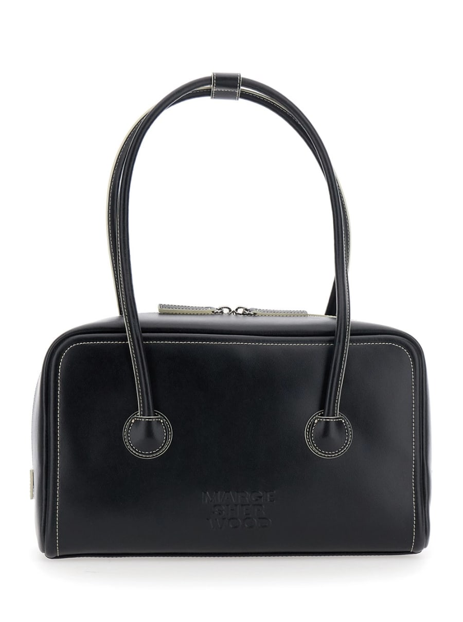 Margesherwood Borsa a Spalla 'Soft Boston' Piccola con Due Manici Superiori e Logo Lettering sul Fronte in Pelle Nera Donna
