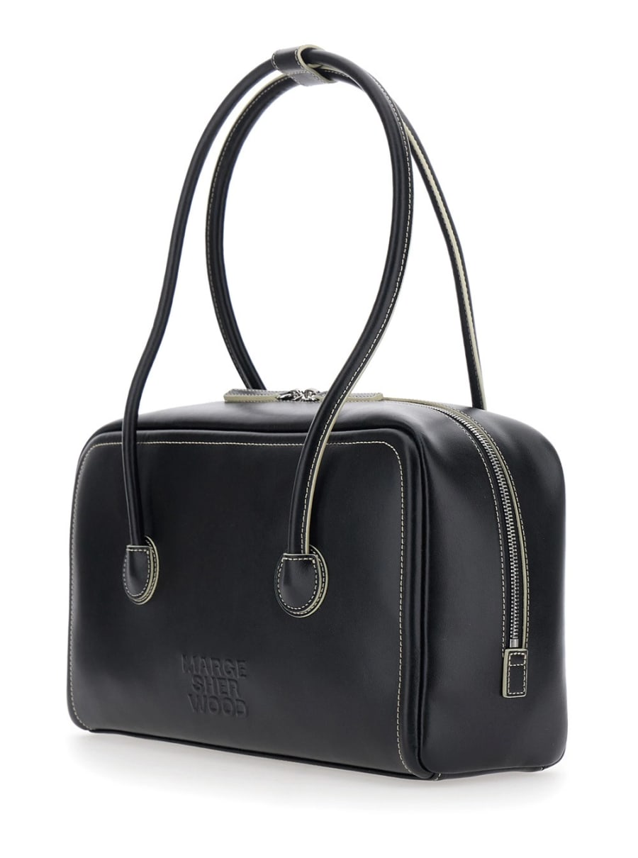 Margesherwood Borsa a Spalla 'Soft Boston' Piccola con Due Manici Superiori e Logo Lettering sul Fronte in Pelle Nera Donna, view 2