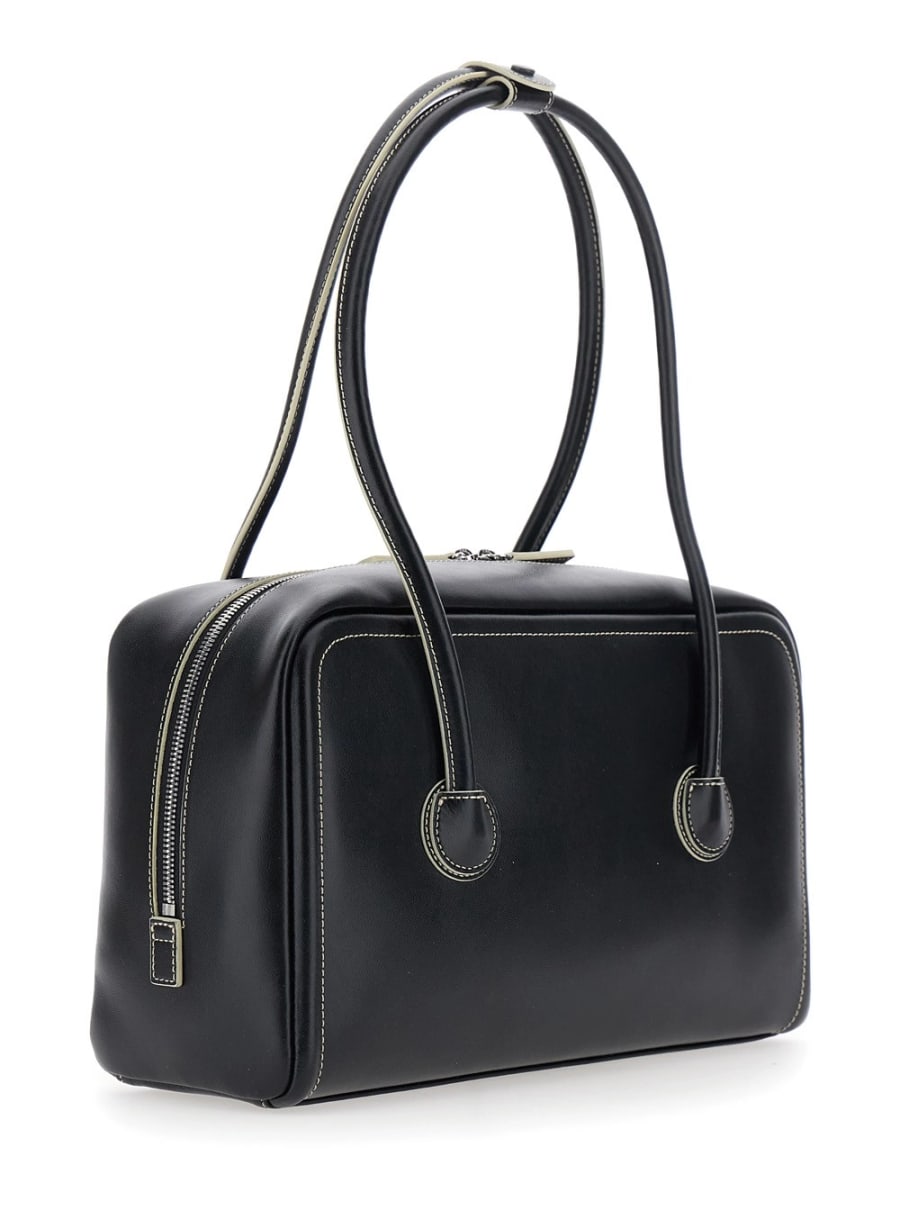 Margesherwood Borsa a Spalla 'Soft Boston' Piccola con Due Manici Superiori e Logo Lettering sul Fronte in Pelle Nera Donna, view 3
