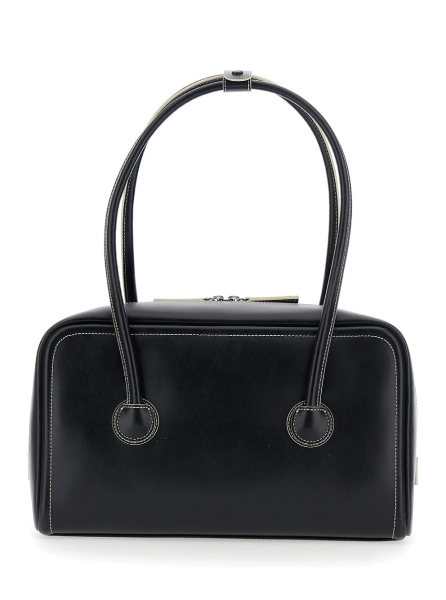 Margesherwood Borsa a Spalla 'Soft Boston' Piccola con Due Manici Superiori e Logo Lettering sul Fronte in Pelle Nera Donna, view 4