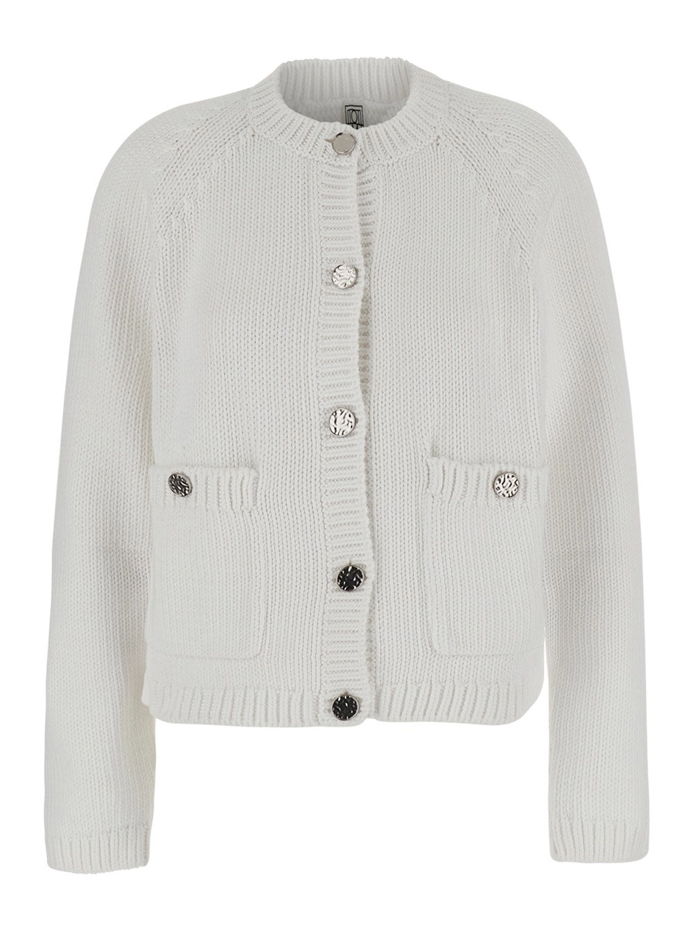 Toteme Cardigan girocollo con due tasche applicate sul fronte in cotone bianco donna