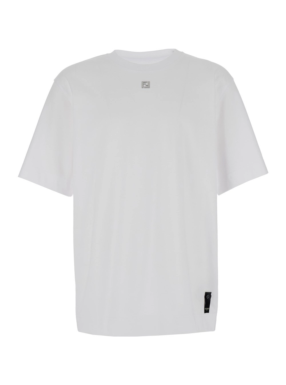 Fendi T-Shirt Girocollo con Placca FF sul Fronte in Cotone Bianca Uomo