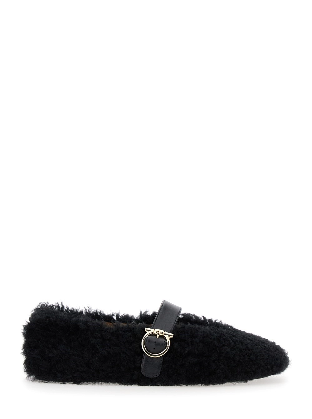 Ferragamo Ballerine con Design in Shearling e Fibbia in Pelle Nere Donna