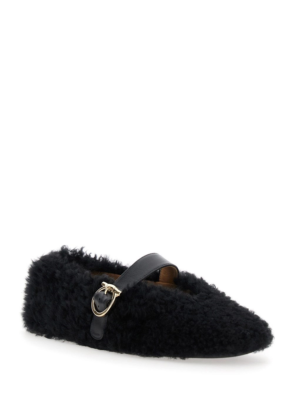 Ferragamo Ballerine con Design in Shearling e Fibbia in Pelle Nere Donna, view 2