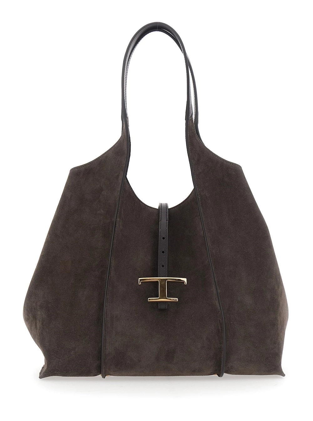 Tod's Borsa a Spalla con Due Manici Superiori e Placca T sul Fronte in Pelle Scamosciata Marrone Donna