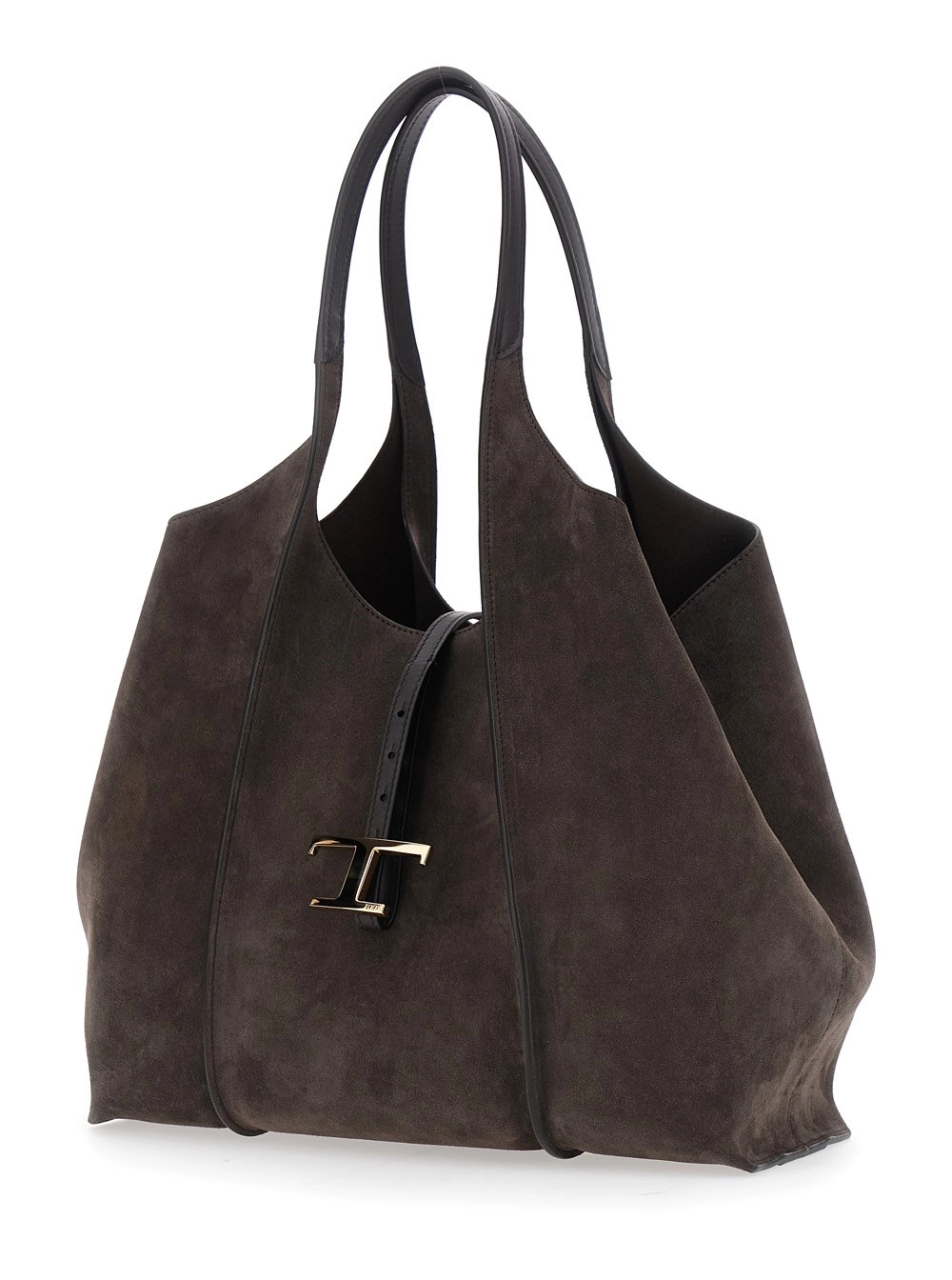 Tod's Borsa a Spalla con Due Manici Superiori e Placca T sul Fronte in Pelle Scamosciata Marrone Donna, view 2