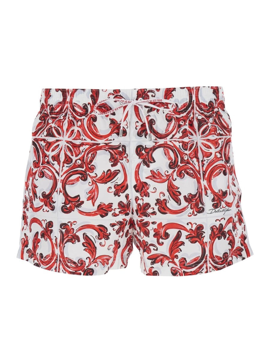 Dolce & Gabbana Costume da Bagno con Vita Elasticizzata con Coulisse e Stampa Maiolica All-Over in Tessuto Tecnico Bordeaux Uomo
