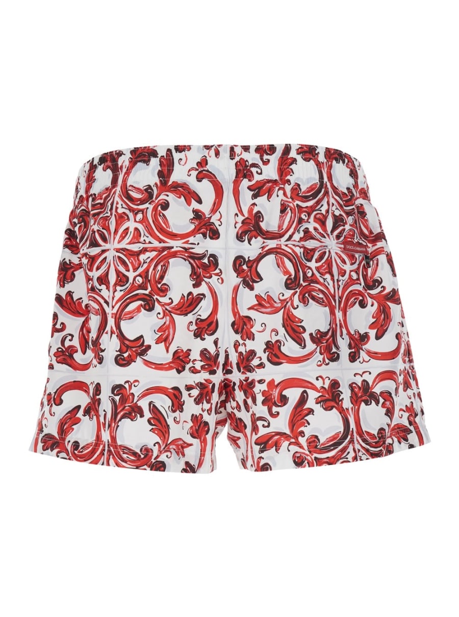 Dolce & Gabbana Costume da Bagno con Vita Elasticizzata con Coulisse e Stampa Maiolica All-Over in Tessuto Tecnico Bordeaux Uomo, view 2