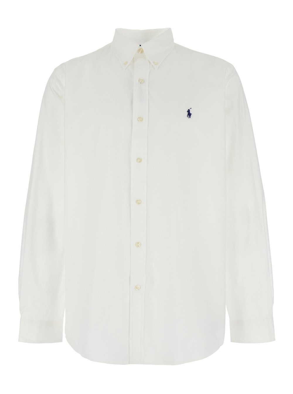 Polo Ralph Lauren Camicia 'Custom Fit' con Colletto Button-Down e Ricamo Cavallino sul Fronte in Popeline di Cotone Stretch Bianca Uomo