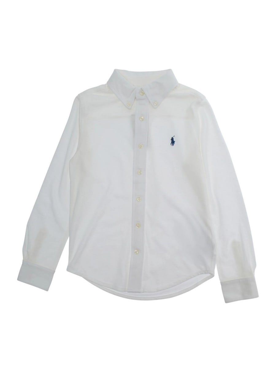 Polo ralph lauren kids Camicia con Logo Pony Ricamato sul Fronte in Cotone Bianca Bambino