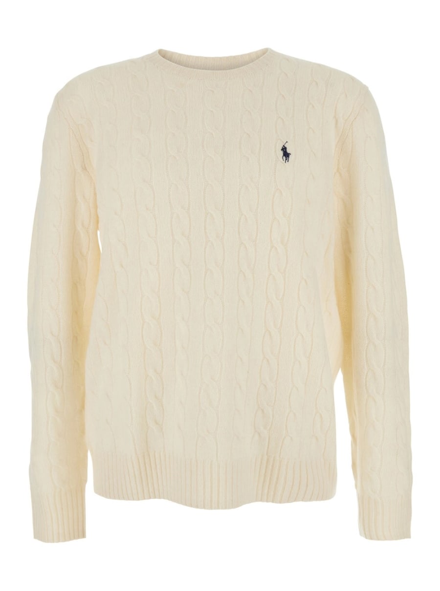 Polo Ralph Lauren Maglione Girocollo con Lavorazione a Treccia e Ricamo Cavallino sul Fronte in Lana e Cashmere Bianco Uomo