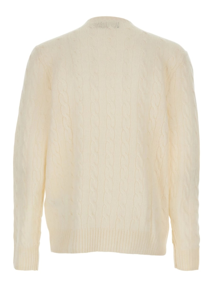 Polo Ralph Lauren Maglione Girocollo con Lavorazione a Treccia e Ricamo Cavallino sul Fronte in Lana e Cashmere Bianco Uomo, view 2