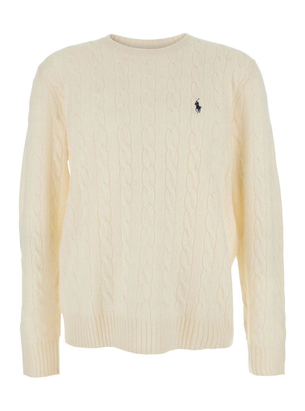 Polo Ralph Lauren Maglione Girocollo con Lavorazione a Treccia e Ricamo Cavallino sul Fronte in Lana e Cashmere Bianco Uomo