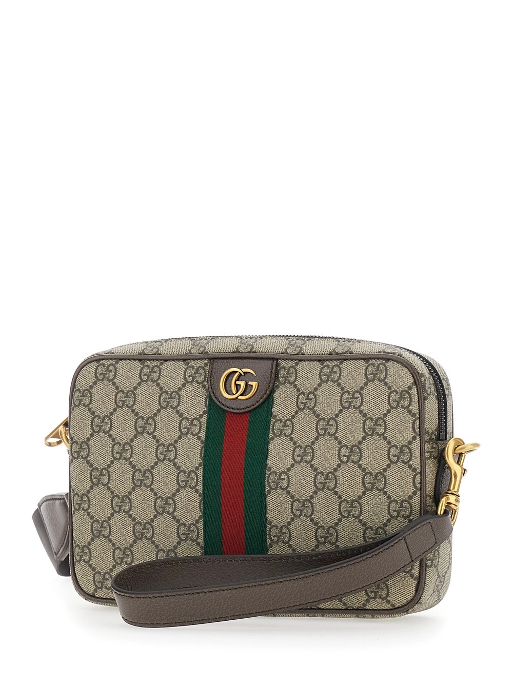 Gucci Borsa a Tracolla 'Ophidia' con Tracolla Regolabile e Removibile e Dettaglio Web sul Fronte in Tessuto GG Supreme e Pelle Beige Uomo, view 2