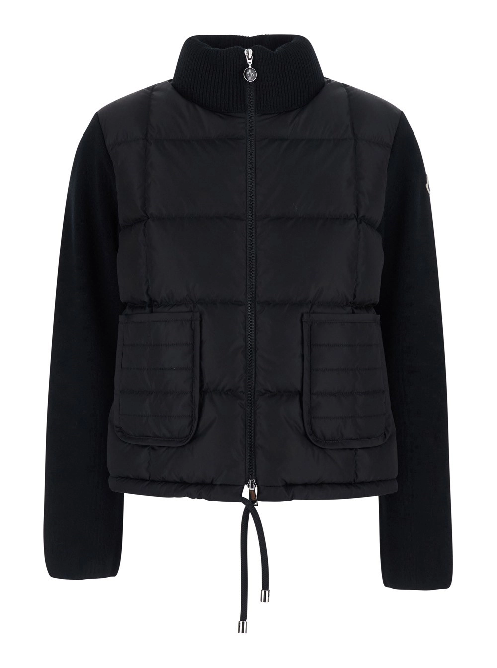 Moncler Cardigan a collo alto con tasche applicate sul fronte e patch logo sulla manica in tessuto tecnico nero donna
