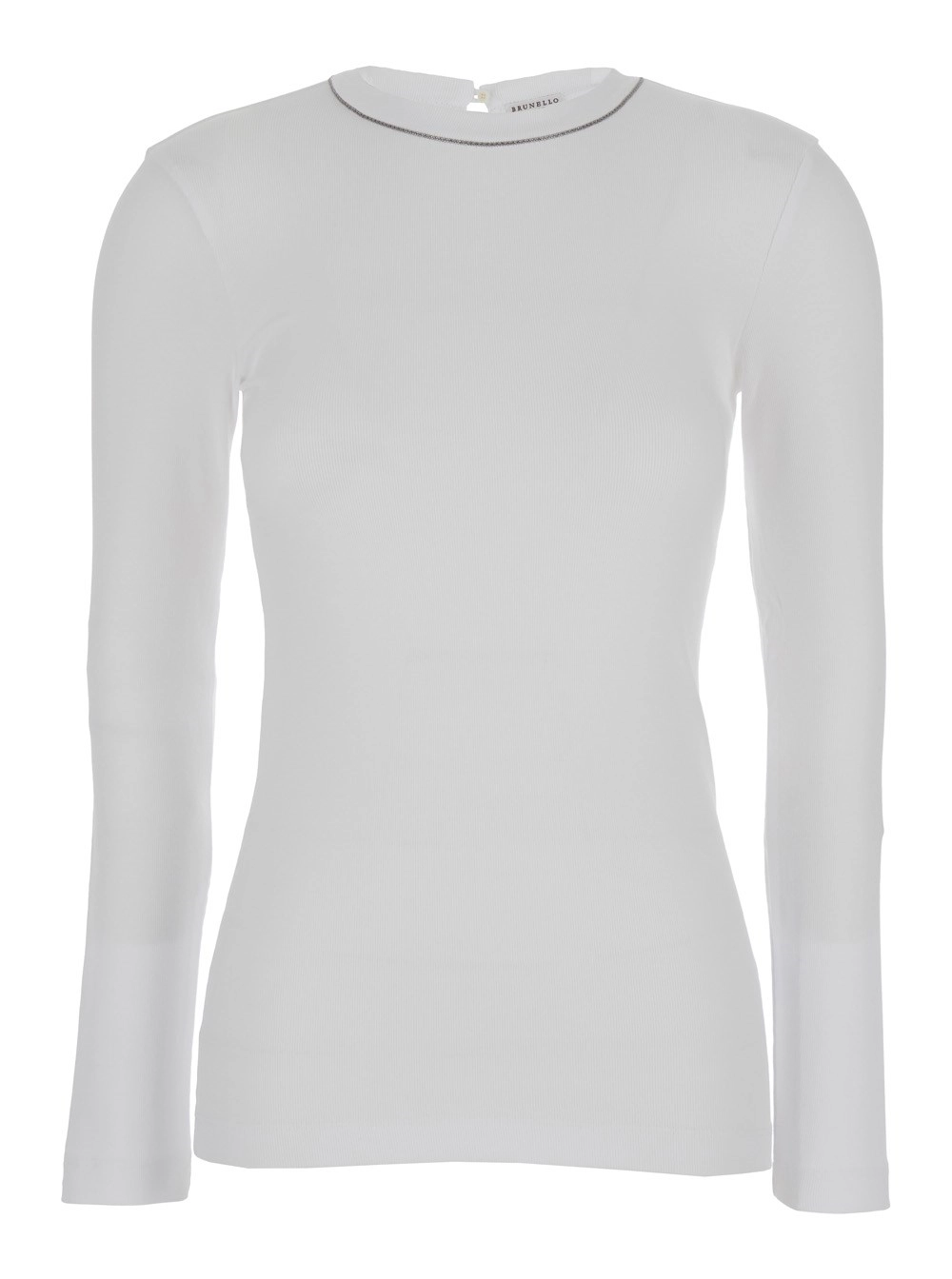 Brunello Cucinelli Maglia a Maniche Lunghe con Monile in Cotone Stretch a Coste Bianco Donna