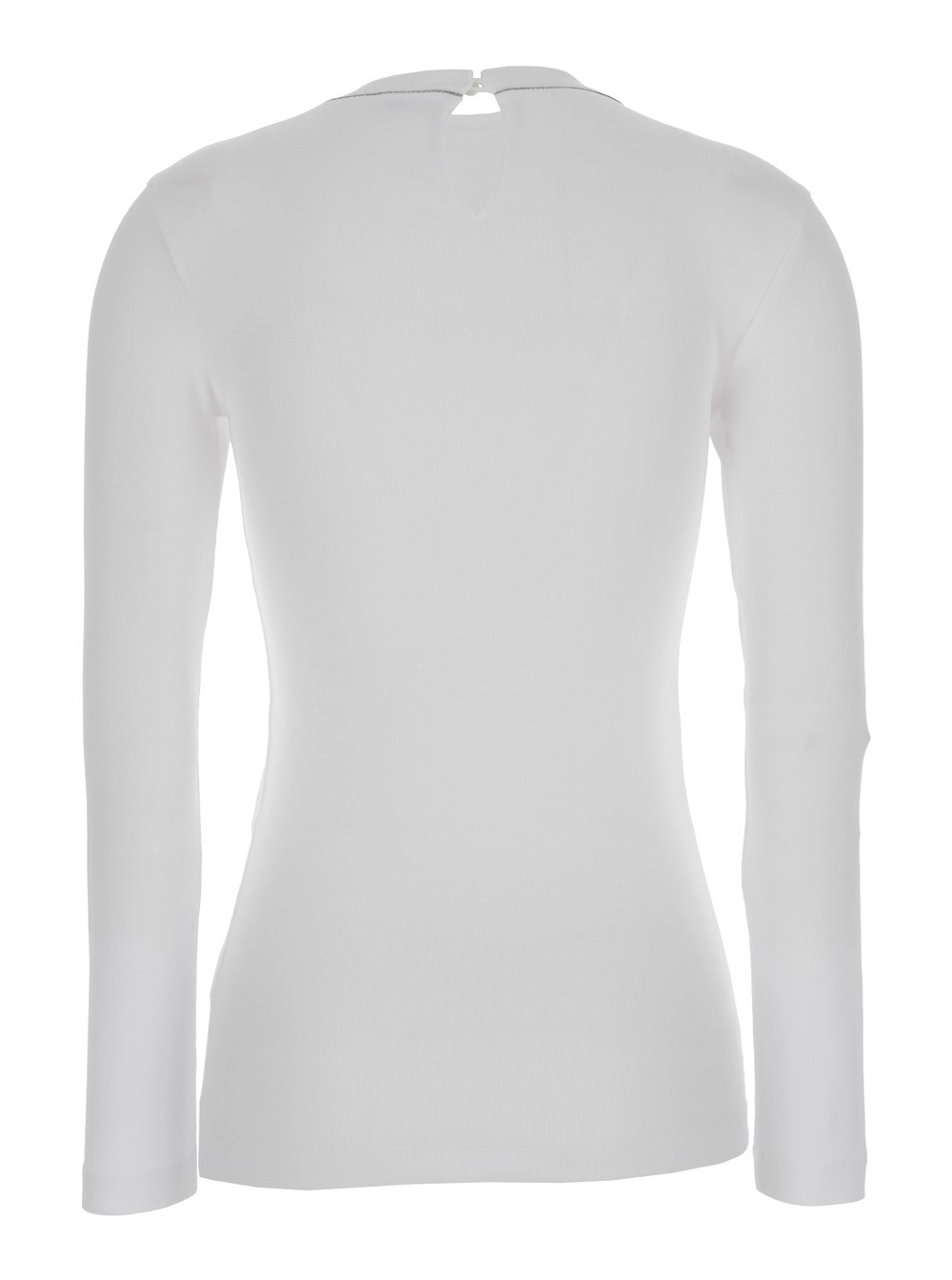 Brunello Cucinelli Maglia a Maniche Lunghe con Monile in Cotone Stretch a Coste Bianco Donna, view 2